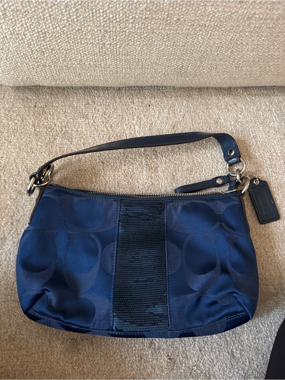 Coach Navy Satin Signature Shoulder Bag with Single Strap